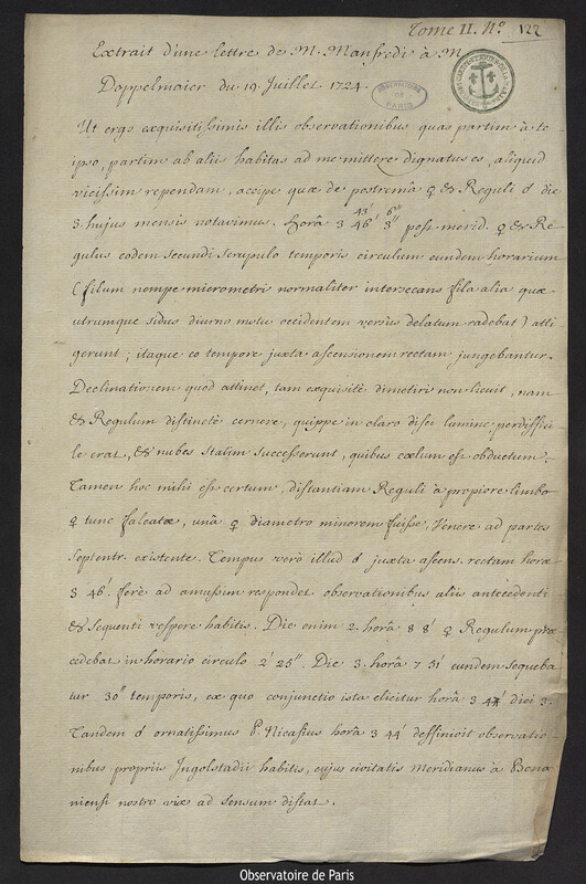 Extrait d'une lettre de M. Manfredi à M. Doppelmaier du 19 juillet 1724