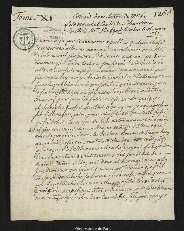 Lettre de comte Samuel de Schmettau à John Rocque, Berlin, 26 mars 1751