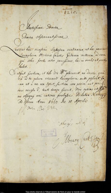 Lettre d'Albert Curtz à Jan Heweliusz, Neubourg-sur-le-Danube, 10 avril 1667