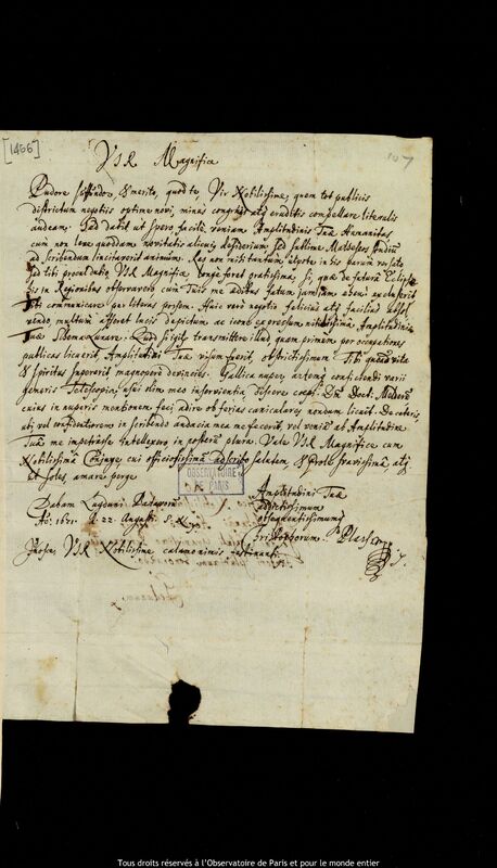 Lettre de Christoph Plass à Jan Heweliusz, Leyde, 22 août 1671