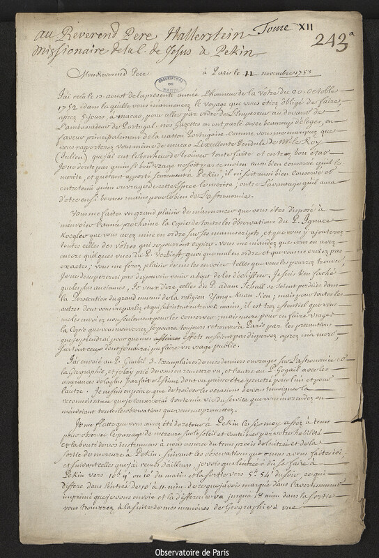 Lettre de Joseph-Nicolas Delisle à Augustin Hallerstein, Paris, 11 novembre 1753