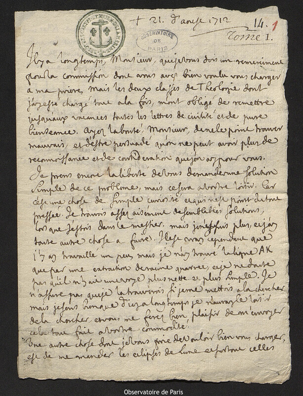 Lettre de Édouard de Vitry à Joseph-Nicolas Delisle, 21 août 1712