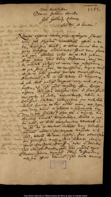 Lettre de Johann Gebhard Rabener à Jan Heweliusz, Kolobrzeg, 24 juillet 1666