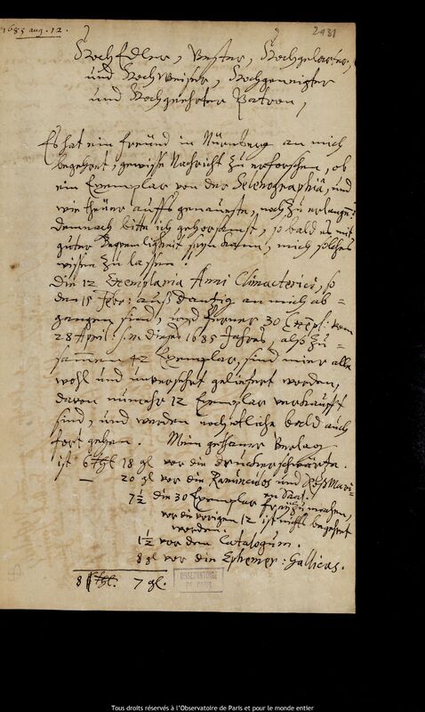 Lettre de Johann Abraham Ihle à Jan Heweliusz, Leipzig, 12 août 1685