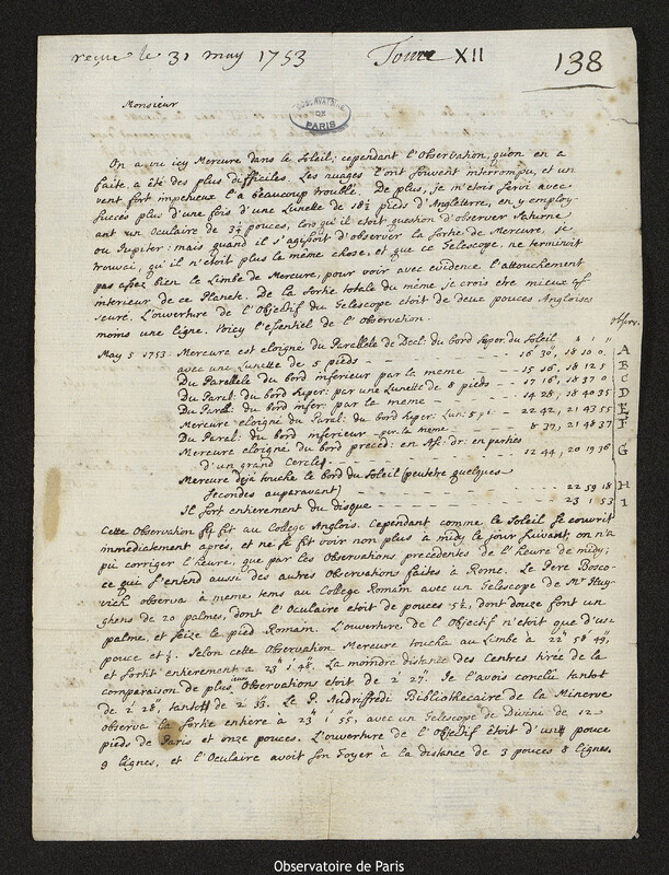 Lettre de Christopher Maire à Joseph-Nicolas Delisle