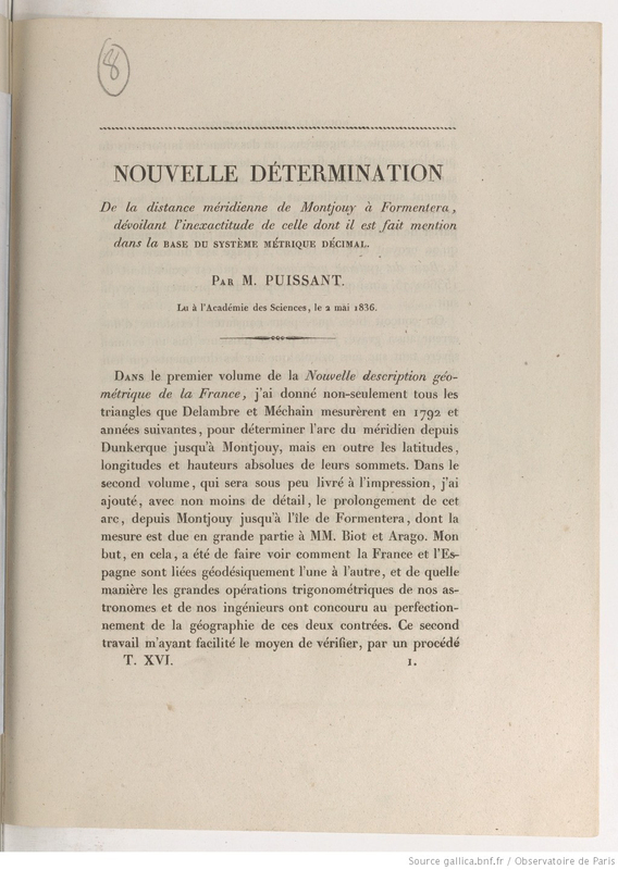 Nouvelle détermination de la distance méridienne de Montjouy à Formentera, dévoilant l'inexactitude de celle dont il est fait mention dans la Base du système métrique décimal