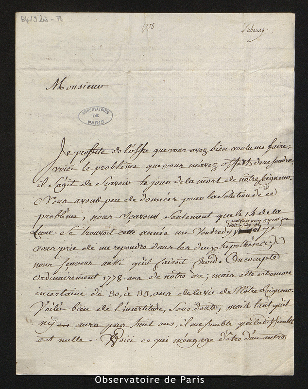 Lettre de Du Bourg (l'abbé) à Cassini [III ou IV], le 1778