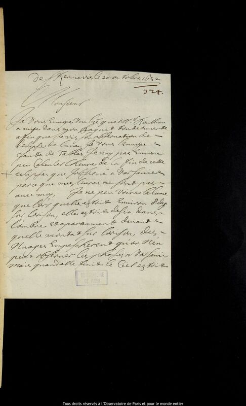 Lettre de Pierre Des Noyers à Jan Heweliusz, Skierniewice, 20 octobre 1652