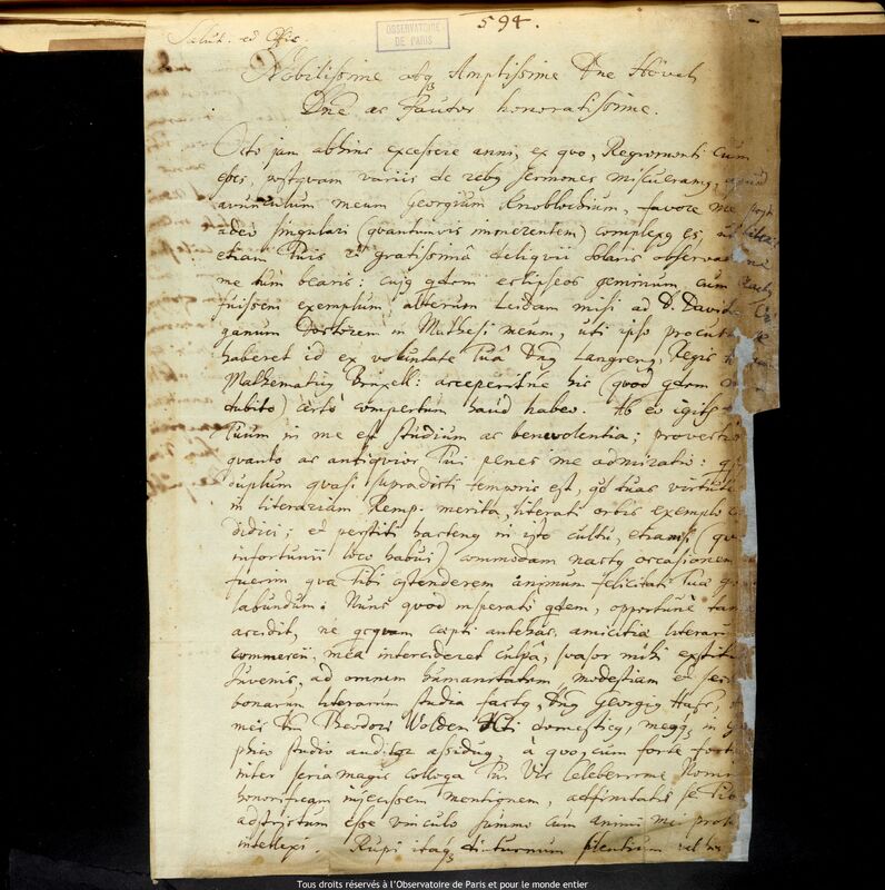 Lettre de Georg Wosegin à Jan Heweliusz, Kaliningrad, 1er mars 1660