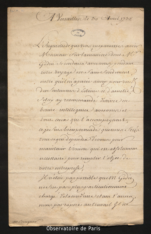 Lettre de Maurepas à Bouguer, Versailles le 30 avril 1735