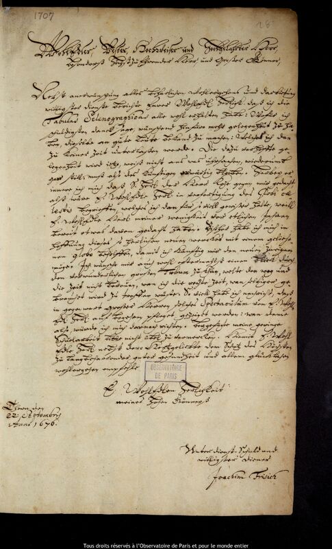 Lettre de Joachim Frisich à Jan Heweliusz, Torun, 22 septembre 1676