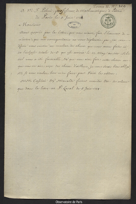 Lettre de Joseph-Nicolas Delisle à Giovanni Poleni, Paris, 5 juin 1724