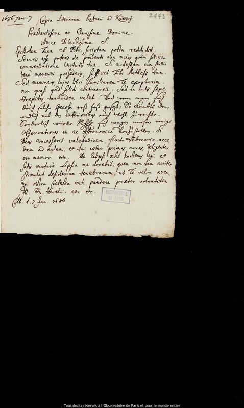 Lettre de Johann Gebhard Rabener à Heinrich Kummerfeld, Kolobrzeg, 7 janvier 1686