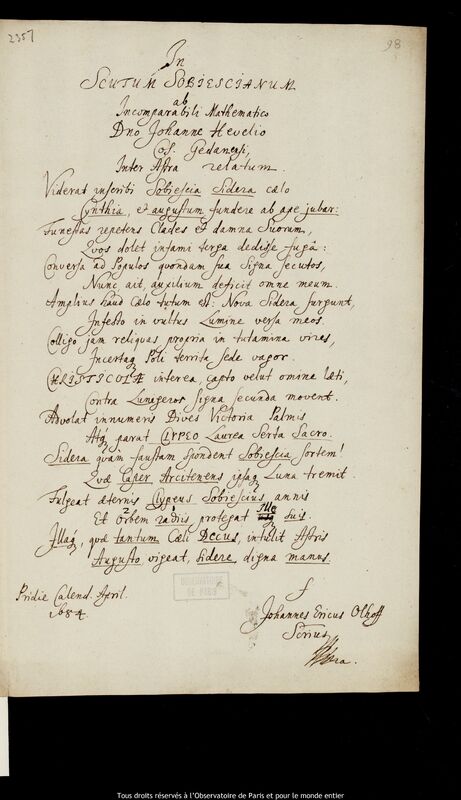 Texte manuscrit de Johann Erich Olhoff, 1er janvier - 31 mars 1684