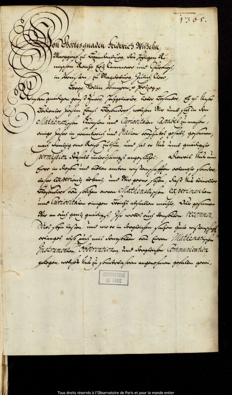 Lettre de Frédéric-Guillaume (électeur de Brandebourg) à Jan Heweliusz, Kaliningrad, 11 août 1669