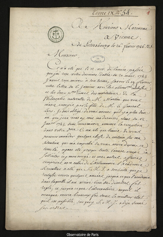 Lettre de Joseph-Nicolas Delisle à Giovanni Giacomo Marinoni, Saint-Pétersbourg, 26 février 1746