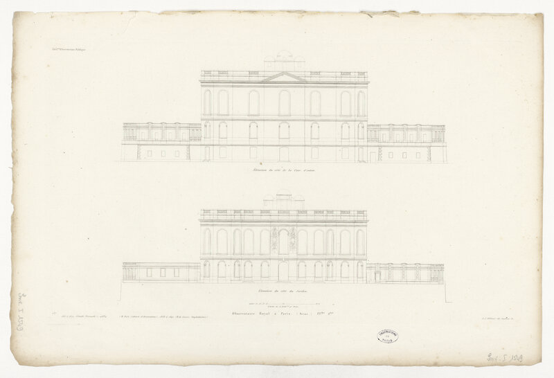 Observatoire Royal à Paris : pl. 2ème : élévation du côté de la cour d’entrée et élévation du côté du jardin (échelle :31 mm/m). 1667 à 1672 (Claude Perrault ; 1832 (M. Biet, cabinets d’observations), 1838 à 1840 (M. de Gisors, amphithéâtre) (titre original)