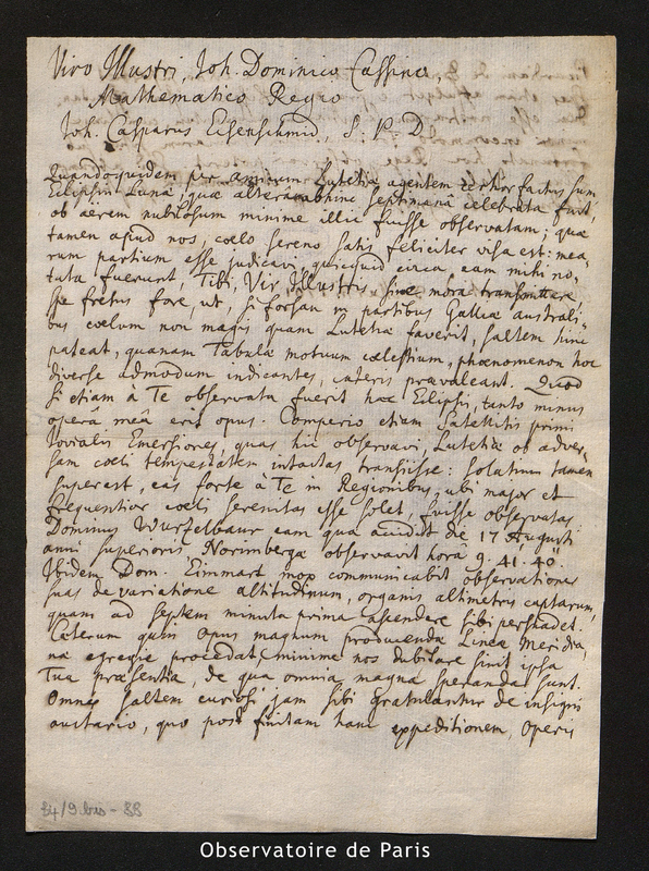 Lettre d'Eisenschmidt à Cassini [I], Strasbourg le 3 mars 1701