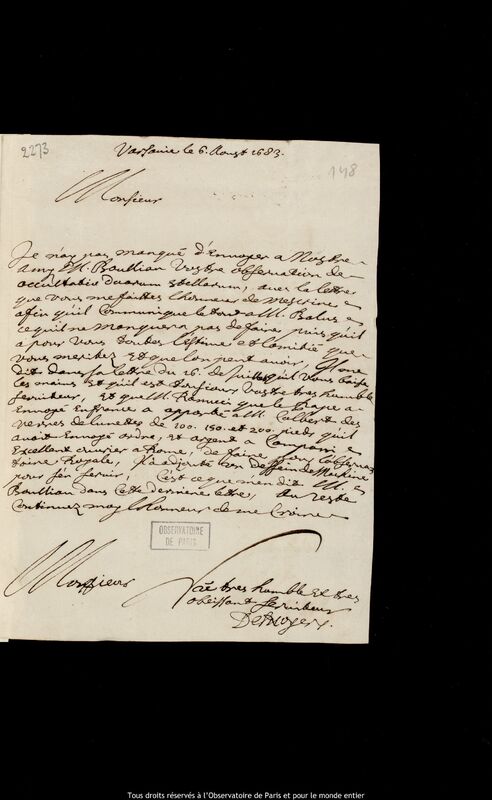 Lettre de Pierre Des Noyers à Jan Heweliusz, Varsovie, 6 août 1683