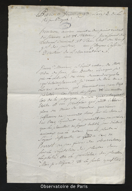 Lettre de Henrion à Cassini IV, Paris le 11 juin 1793