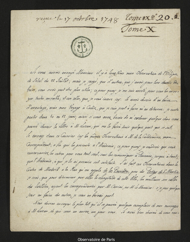 Lettre de Jorge Juan à Joseph-Nicolas Delisle, Madrid, 30 septembre 1748