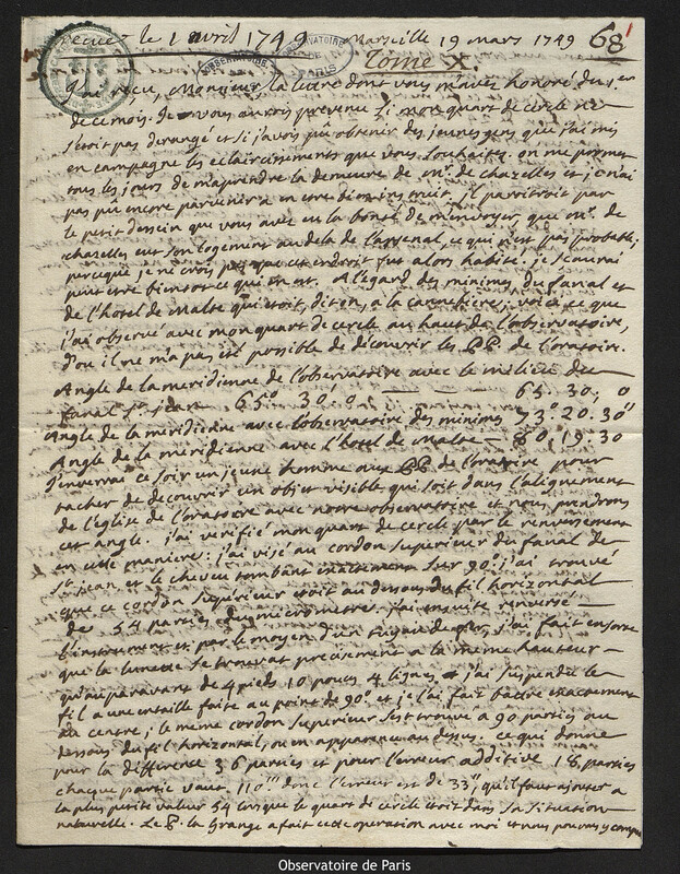 Lettre de Esprit Pezenas à Joseph-Nicolas Delisle, Marseille, 19 mars 1749