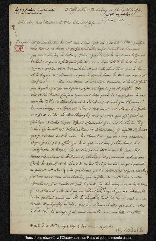 Lettre du baron Franz Xaver von Zach à Joseph Jérôme Le françois de Lalande A l’observatoire du Seeberg,14 septembre 1794