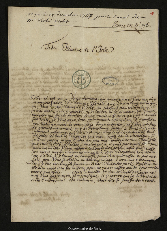 Lettre de Georg Matthias Bose à Joseph-Nicolas Delisle, Wittenberg, 14 septembre 1747