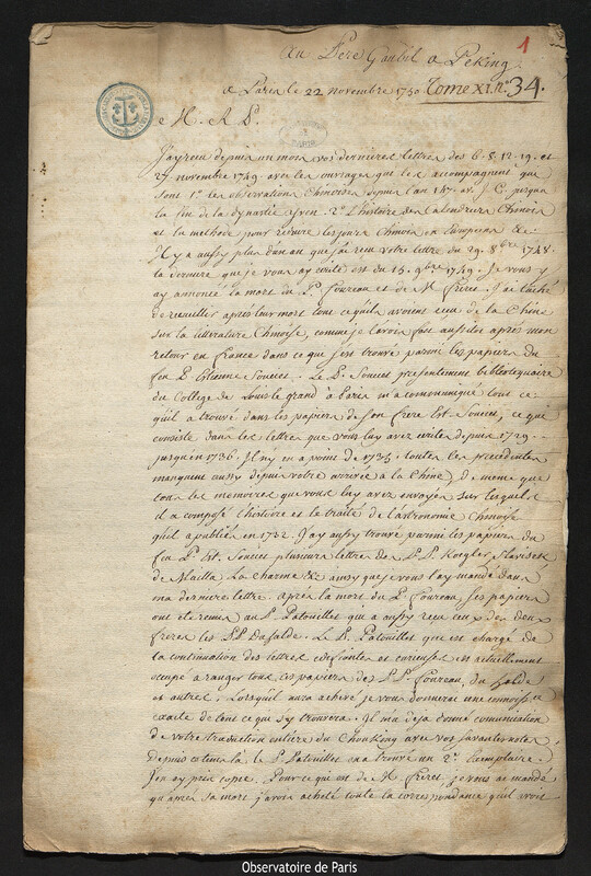 Lettre de Joseph-Nicolas Delisle à Antoine Gaubil, Paris, 22 novembre 1750