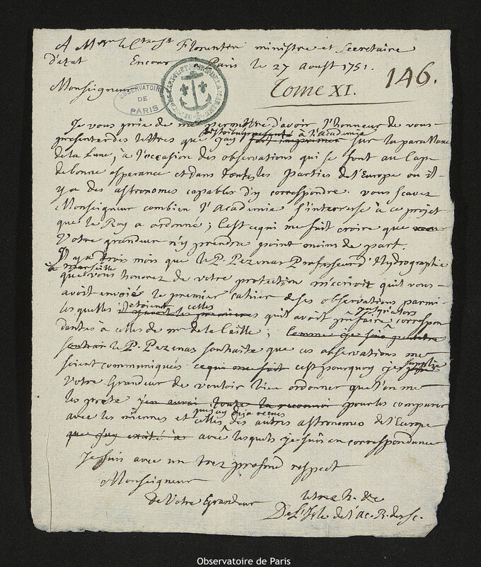 Lettre de Joseph-Nicolas Delisle à Louis Phélypeaux, comte de Saint-Florentin, Paris, 27 août 1751