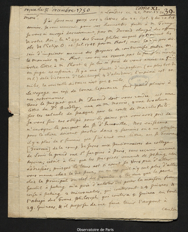 Lettre de Cromwell Mortimer à Joseph-Nicolas Delisle, Londres, 21 novembre 1750