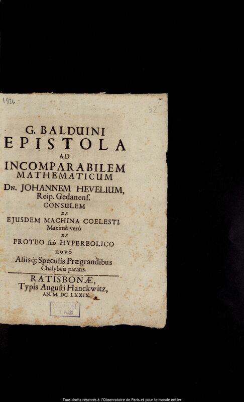 Texte imprimé de Gottlieb Balduin à Jan Heweliusz, Ratisbonne, 30 juin 1679