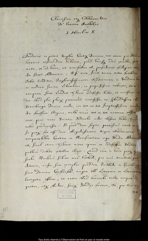 Texte manuscrit de Jan Heweliusz à Erasmus Bartholin, Gdansk, 5 septembre 1673