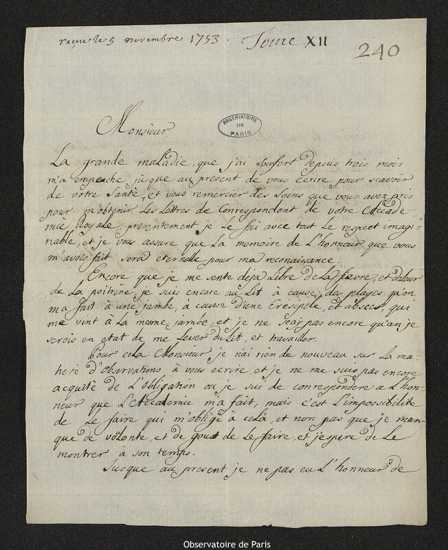 Lettre de Jean Chevalier à Joseph-Nicolas Delisle, Lisbonne, 2 octobre 1753