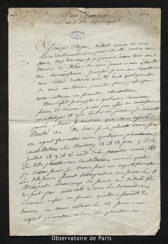 Lettre de Henrion à Cassini IV, Paris le 5 juin 1793