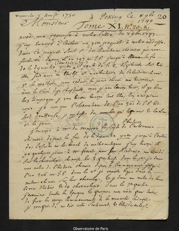 Lettre de Antoine Gaubil à Joseph-Nicolas Delisle, Pékin, 8 novembre 1749