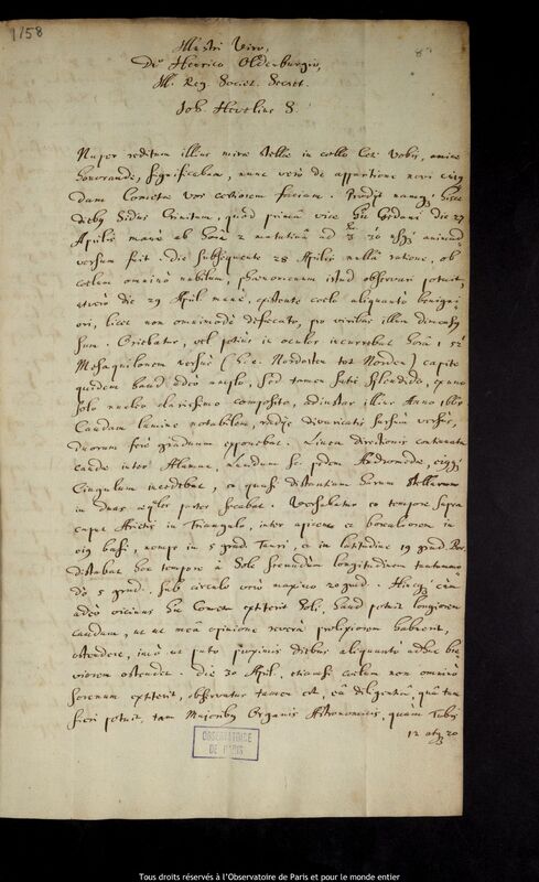 Lettre de Jan Heweliusz à Henry Oldenburg, Gdansk, 1er mai 1677