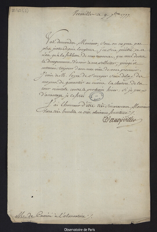 Lettre de Charles de la Billarderie, comte d'Angiviller, à Cassini IV, à Versailles le 9 septembre 1777