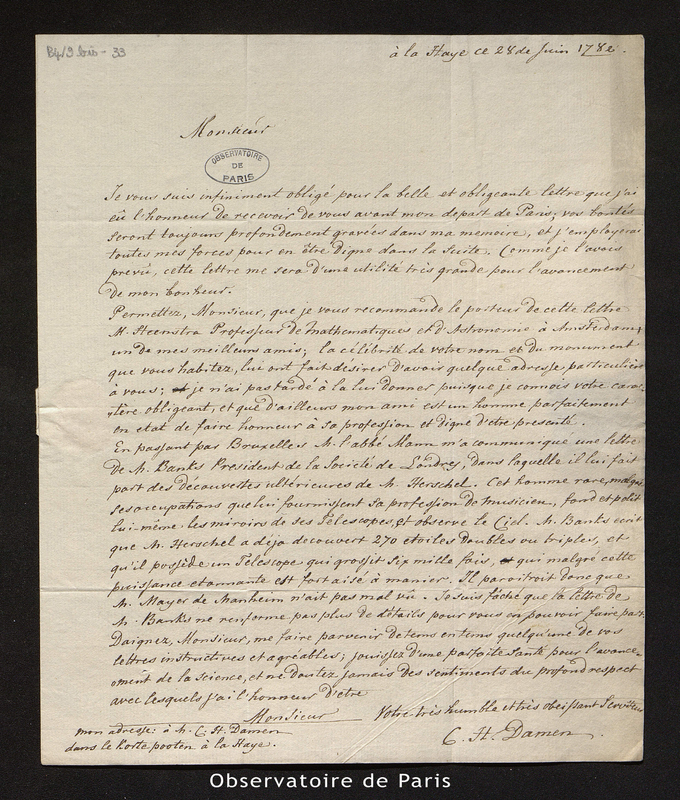 Lettre de C. H. Damen à Cassini IV, La Haye le 28 juin 1782