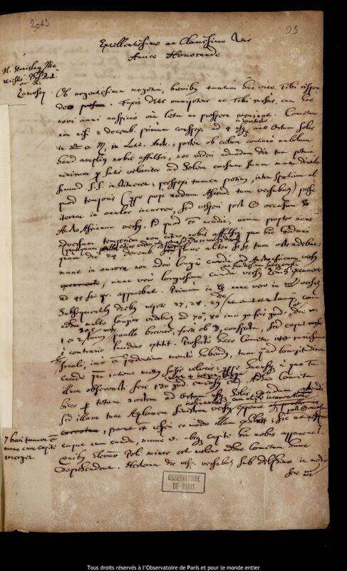 Lettre de Jan Heweliusz à Stanislaw Niewieski, Gdansk, 3 janvier 1681