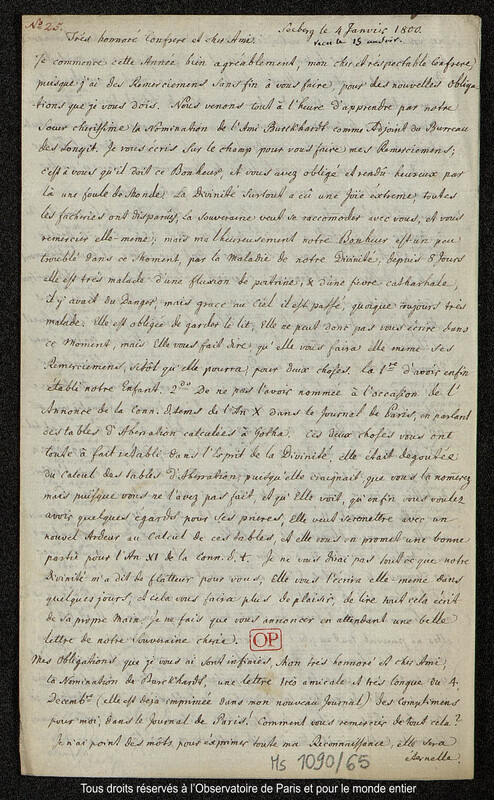 Lettre du baron Franz Xaver von Zach à Joseph Jérôme Le françois de Lalande Seeberg, 4 janvier 1800