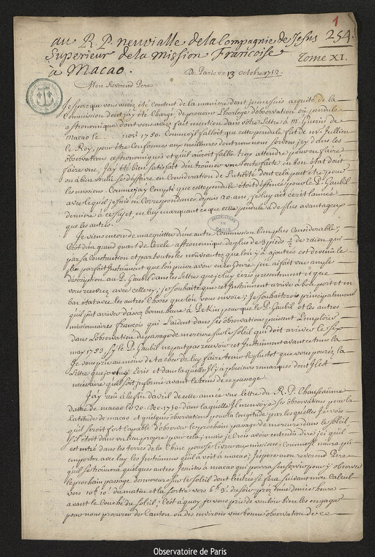 Lettre de Joseph-Nicolas Delisle à Jean Sylvain de Neuvialle, Paris, 13 octobre 1752