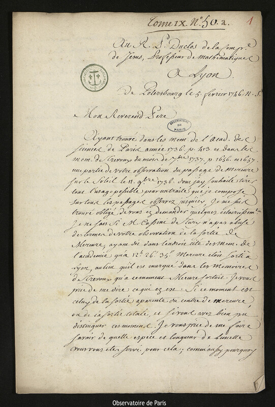 Lettre de Joseph-Nicolas Delisle à Jean-Antoine Duclos, Saint-Pétersbourg,5 février 1746