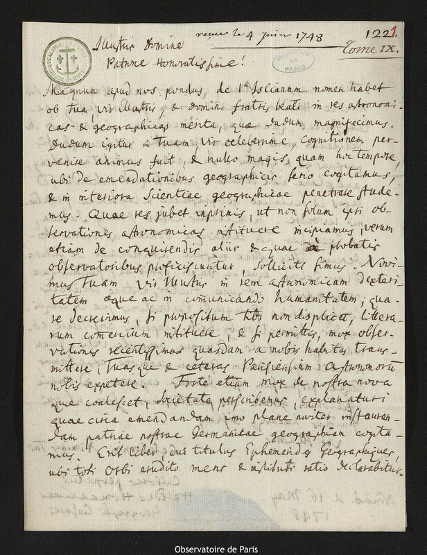 Lettre de quatre des héritiers de Johann Baptist Homann à Joseph-Nicolas Delisle, Nuremberg, 16 mai 1748