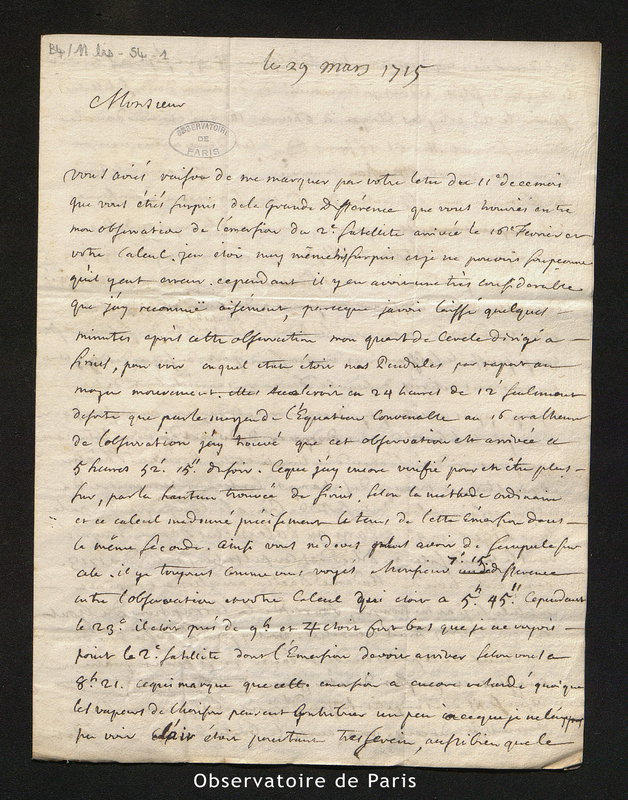 Lettre de Plantade à Maraldi, Montpellier le 29 mars 1715