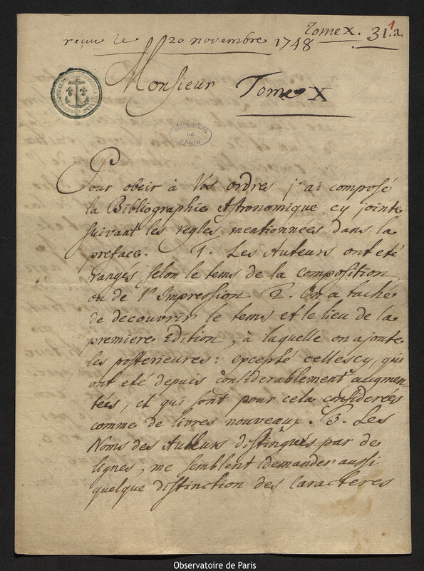 Lettre de Johann Friedrich Weidler à Joseph-Nicolas Delisle, Wittenberg