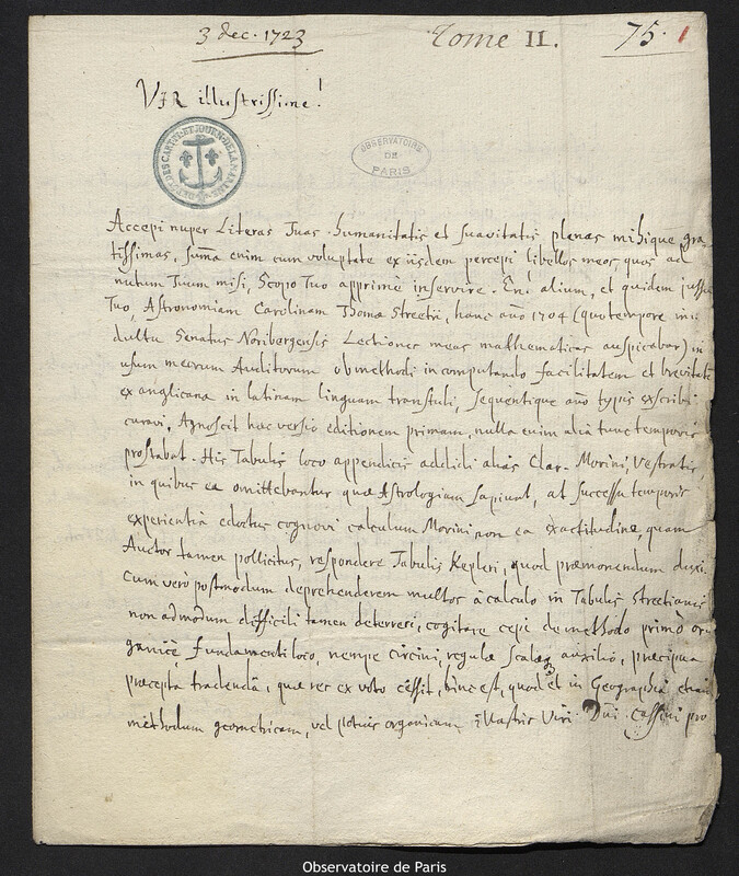 Lettre de Johann Gabriel Doppelmayr à Joseph-Nicolas Delisle, Nuremberg, 3 décembre 1723