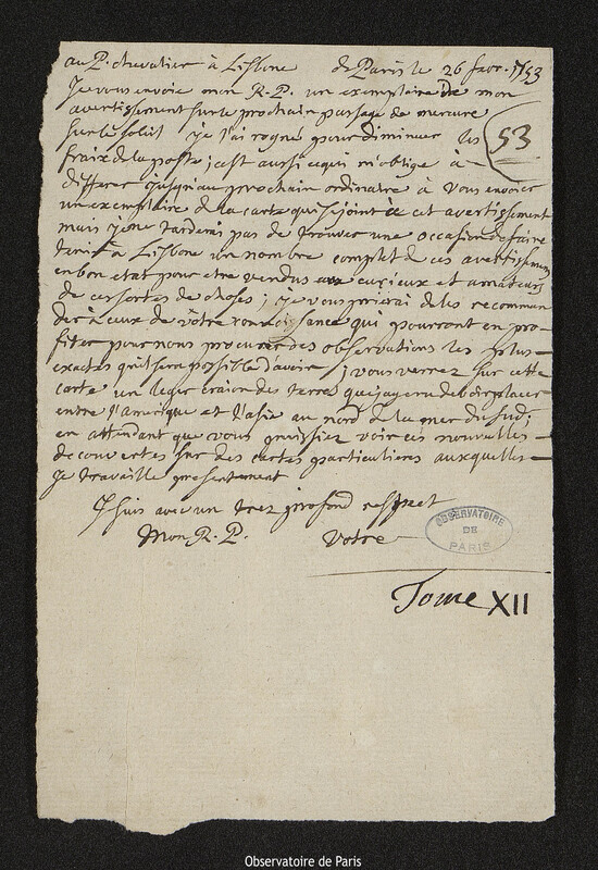 Lettre de Joseph-Nicolas Delisle à Jean Chevalier,Paris, 26 février 1753