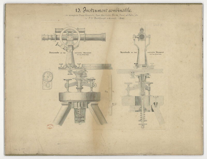 Instrument combinable se compose d’une boussole , d’un théodolite n°14, d’une alidade etc. de F. W. Breithaupt à Cassel.1840 (titre original)