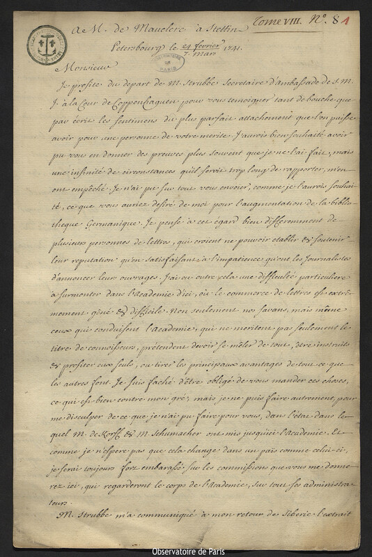 Lettre de Joseph-Nicolas Delisle à Paul Émile de Mauclerc, Saint-Pétersbourg, 7 mars 1741